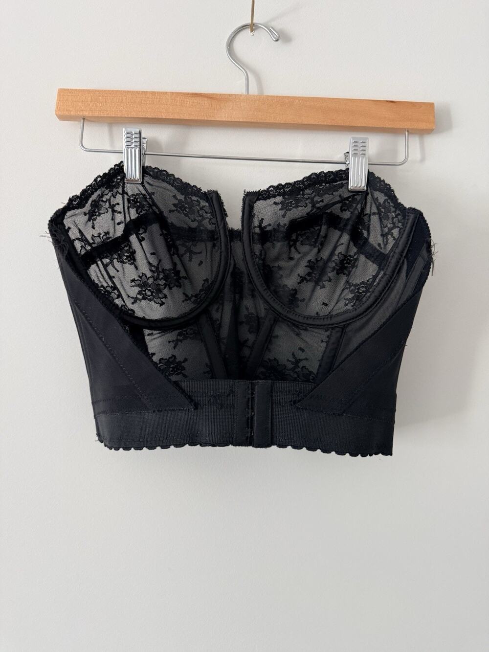Vintage 90s Sheer Black Lace Corset Bustier Boned Hook Back USA Made